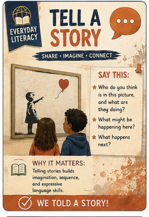 Everyday Literacy card: Tell a Story — share, imagine, connect.