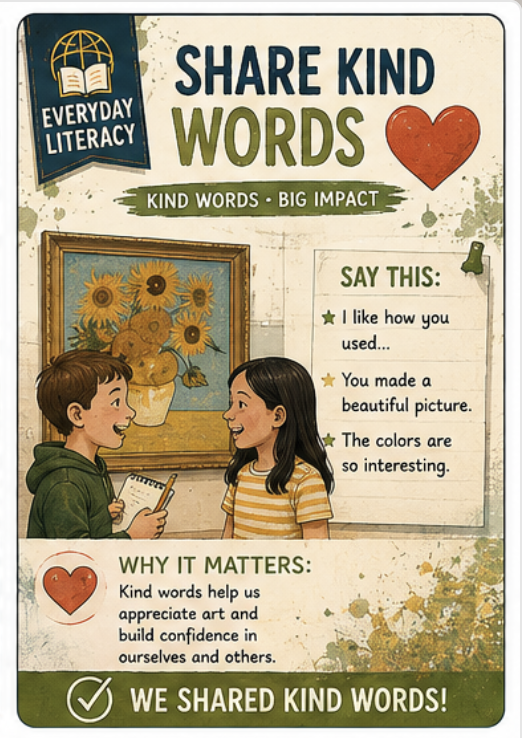 Everyday Literacy card: Share Kind Words — kind words, big impact.