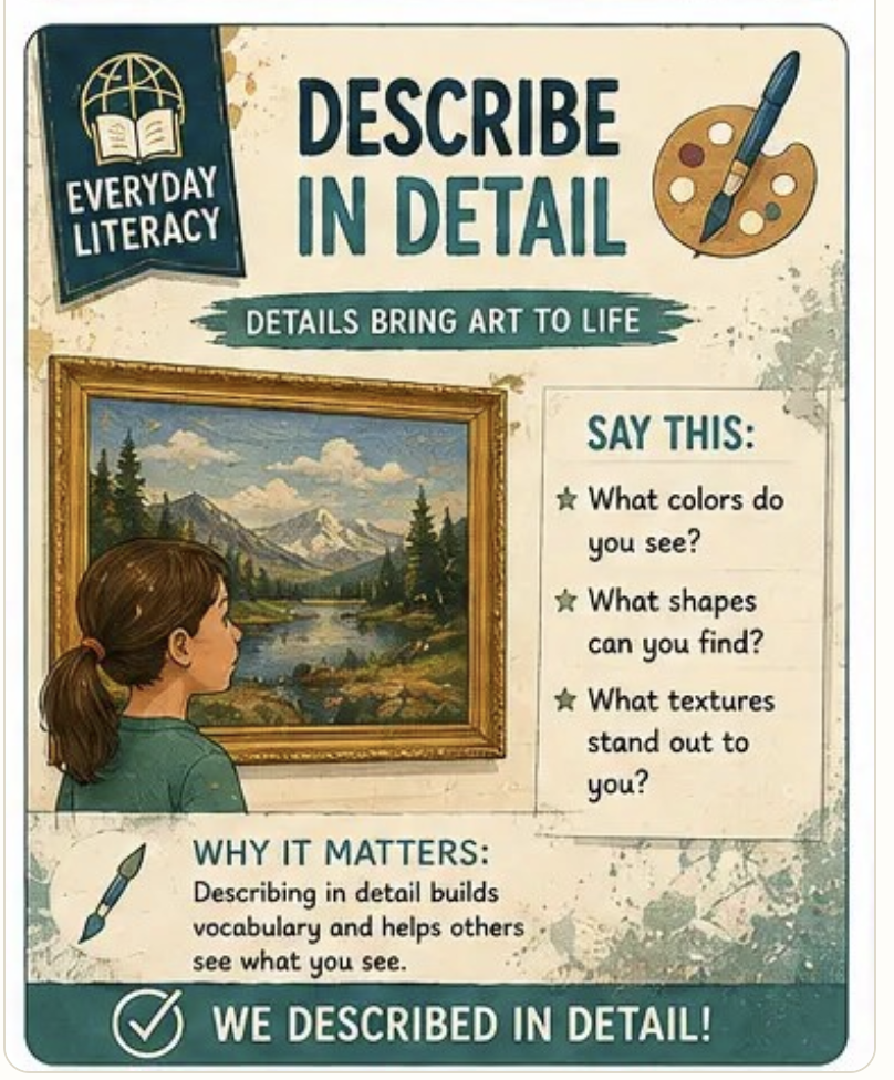 Everyday Literacy card: Describe in Detail — details bring art to life.